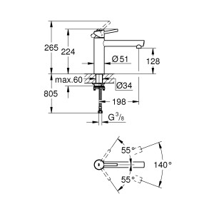 Technische Zeichnung: Grohe Concetto Spültischbatterie mit Maßen und Schwenkbereich.