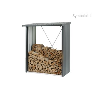 Biohort Kaminholzregal WoodStock 150 dunkelgrau-metallic, gefüllt mit Holzscheiten. Stabiler Alurahmen, wetterfest.