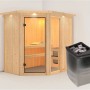 Karibu Sauna Freyja 1 mit Ofen und LED-Dachkranz aus naturbelassener Fichte.