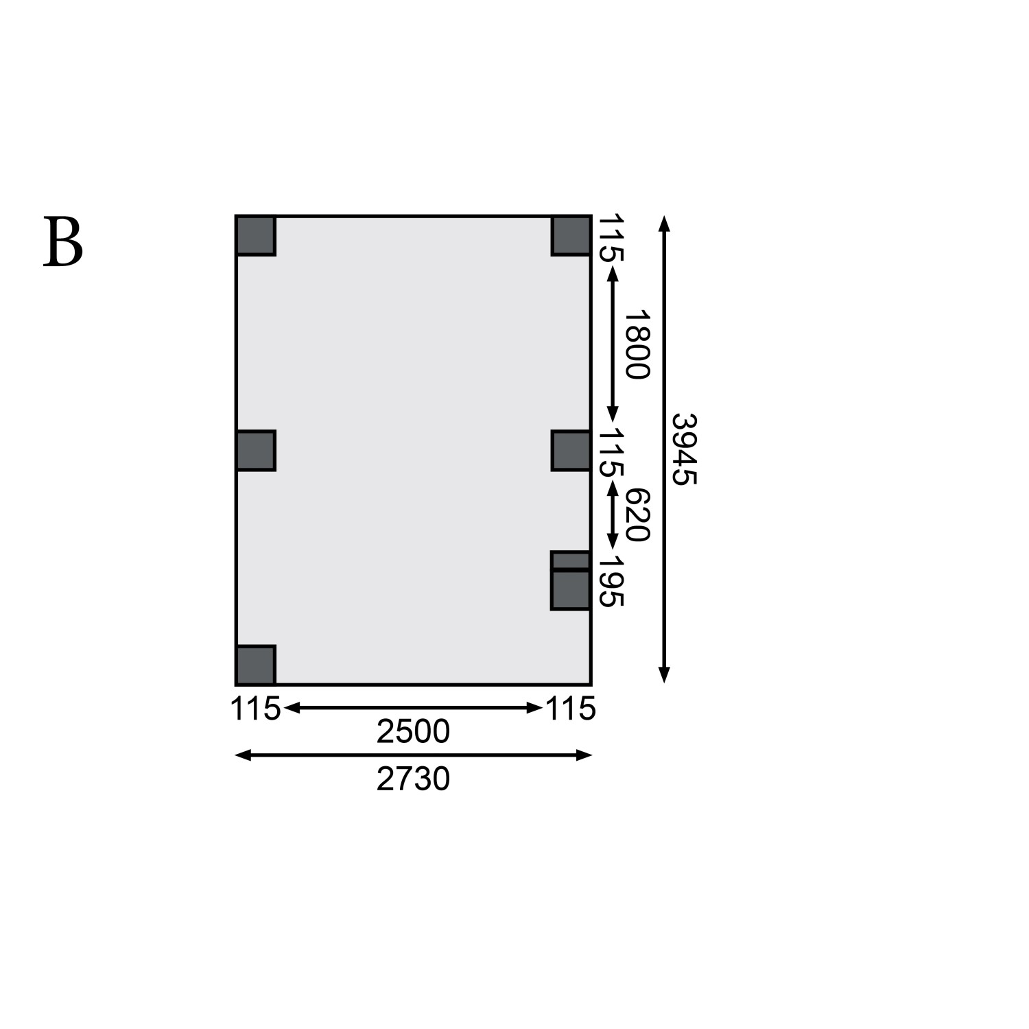 Skizze Karibu Einzelcarport Classic: Maße und Pfostenanordnung für Montage.