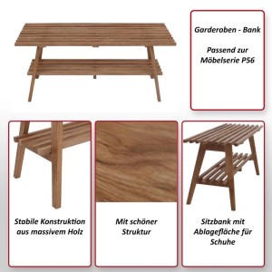 Garderobenbank P56 aus Eiche Massivholz mit Schuhablage, 45x100x35 cm
