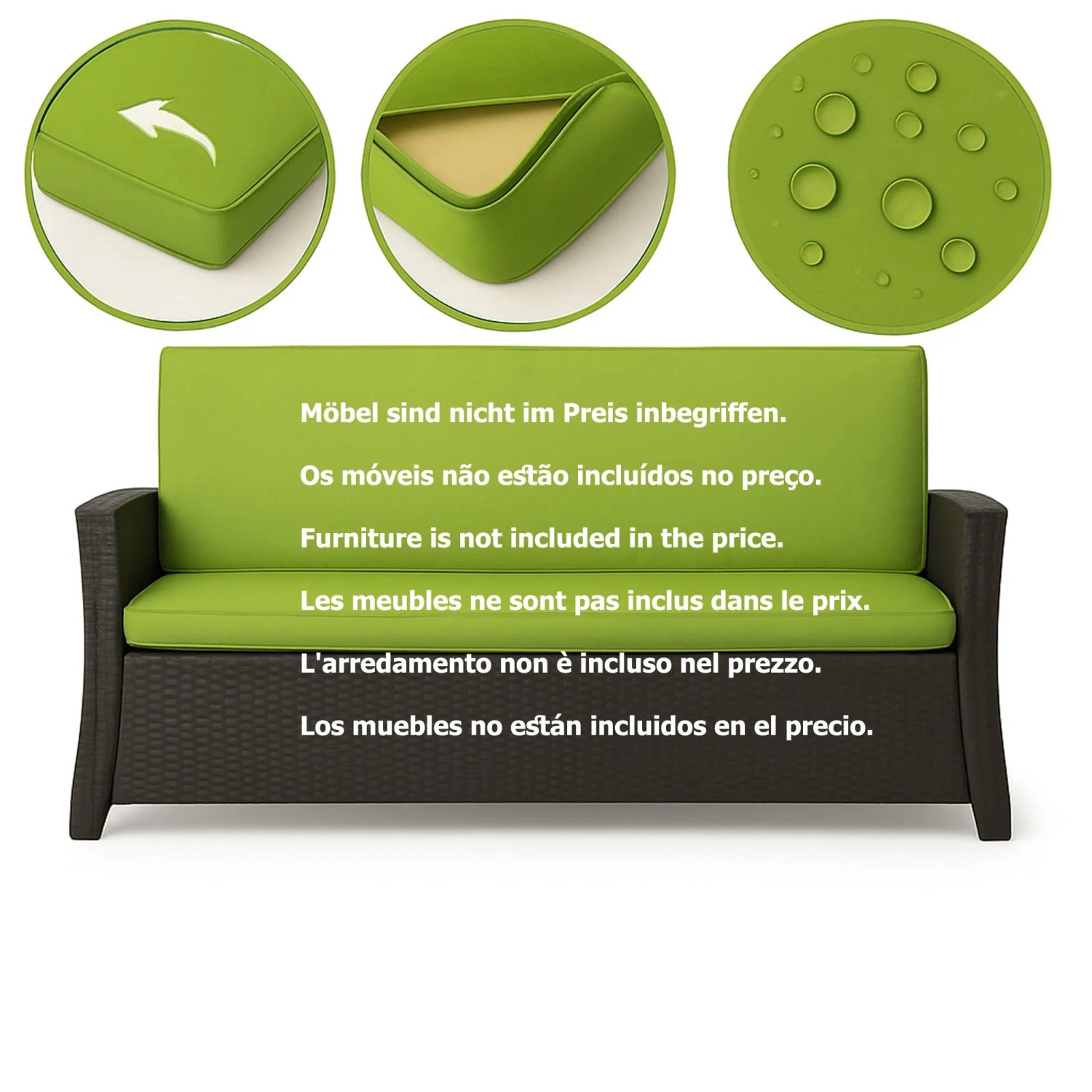 Set Gartenkissen Lemon für Polyrattan Möbel, 180x60x50cm, Bezug abnehmbar, wasserabweisend.