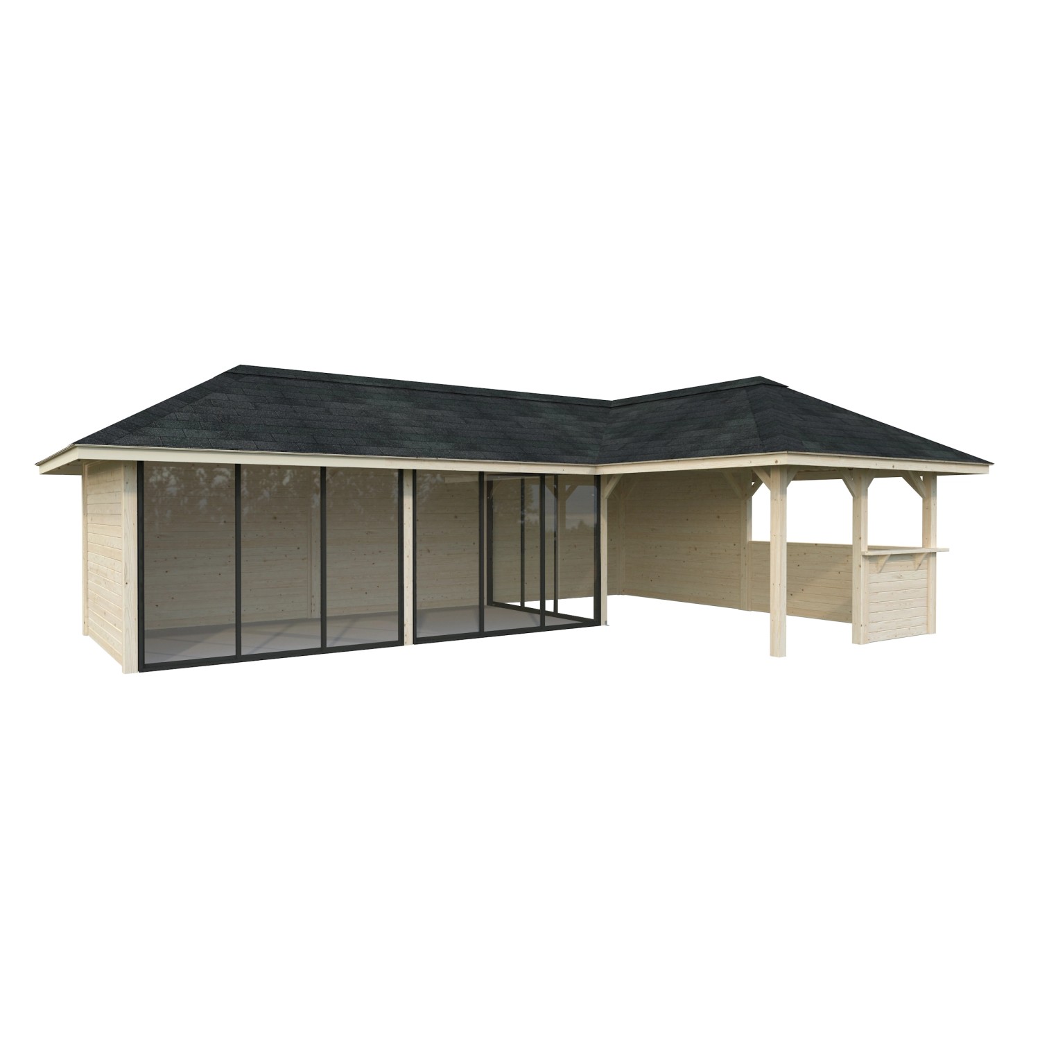 Palmako Pavillon Bianca Set 220 aus naturbelassenem Fichtenholz mit Schiebetüren und Tresen.