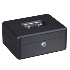 Schwarze Basi Geldkassette GK 10M (H90*B200*T160mm) mit Tragegriff und Schloss.