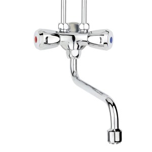 Thermoflow Obertischarmatur QMIX10 für drucklosen Warmwasserspeicher, Chrom, mit blauem und rotem Griff.