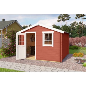 Lasita Holz-Gartenhaus Wels 3 in Schwedenrot mit geöffneter Tür und Fenster.