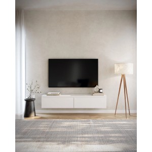 Weißes Selsey Bemmi TV-Hängeboard 150 cm unter Fernseher, wandmontiert, mit zwei Klappfächern für modernen Stauraum.