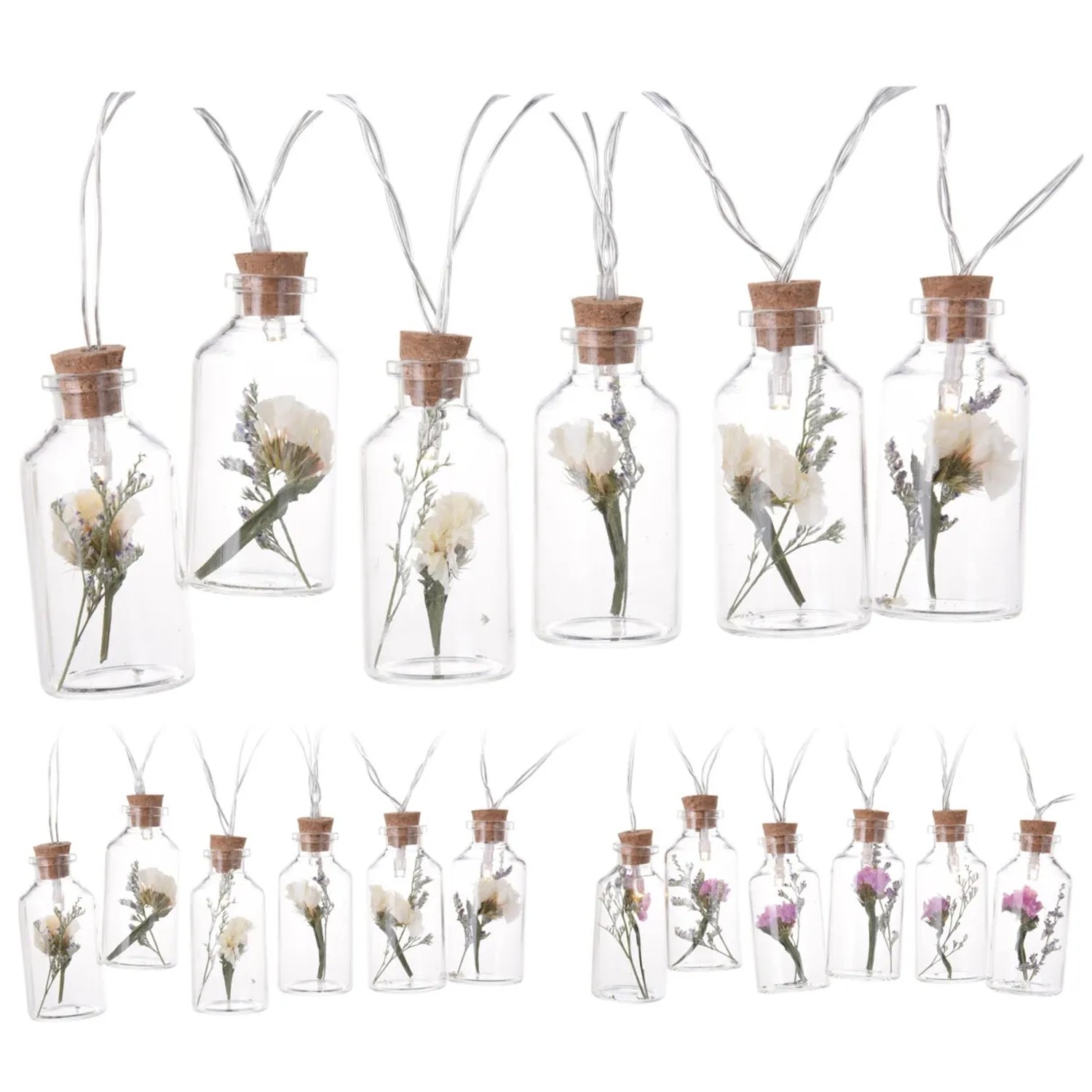 LED Lichterkette mit 6 Glasflaschen, gefüllt mit Trockenblumen, 100cm, 2-fach sortiert.