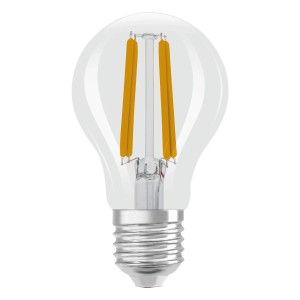 Osram LED-Lampe E27 in Glühlampenform A60, 3.8W, 2700K. Klares Glas, LED-Filamente sichtbar.