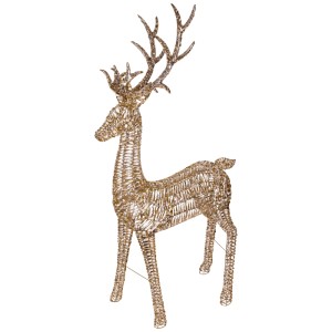 Goldene Lumineo LED-Rentier-Figur, 180 cm hoch, aus glitzerndem PET-Material mit Geweih. Außen-Weihnachtsfigur.