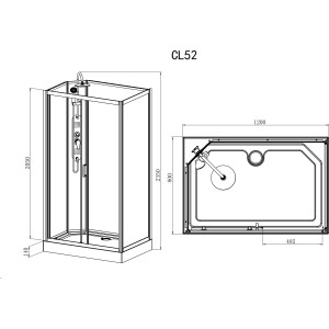 Sanotechnik Komplettdusche Epic, Eckdusche mit schwarzen Profilen und Maßen. Schemazeichnung.