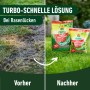 Compo Rasen Nachsaat Turbo: Vorher/Nachher-Vergleich mit Rasenlücken und zwei Rasensamen-Packungen.