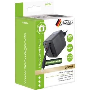 Schwaiger 65W USB-A & USB-C Ladeadapter in Verpackung. Schwarzes Netzteil mit integriertem Kabel für Handy-Zubehör.