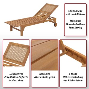 Sonnenliege aus Akazienholz mit Poly-Rattan-Geflecht und Rädern.