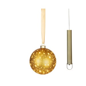 Goldene Lumineo LED-Glas-Weihnachtskugel mit leuchtenden Sternen, warmweißes Licht. Inkl. goldenem Batteriefach. Ideal für Weihnachtsdeko.