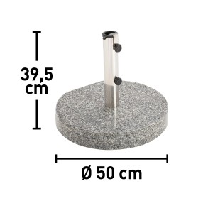 Grauer Schirmständer Granada aus Granit, 40 kg, mit silberner Halterung für Sonnenschirme.