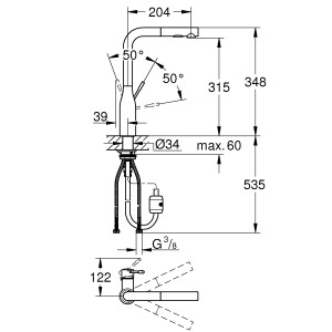 Technische Zeichnung: Grohe Essence Einhand-Spültischbatterie, Chrom, mit Maßen und Details.