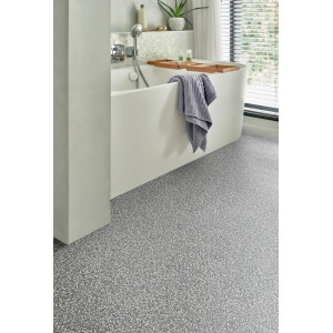 Grauer Andiamo PVC-Bodenbelag "Gesprenkelt Artifact" im Badezimmer, Meterware.