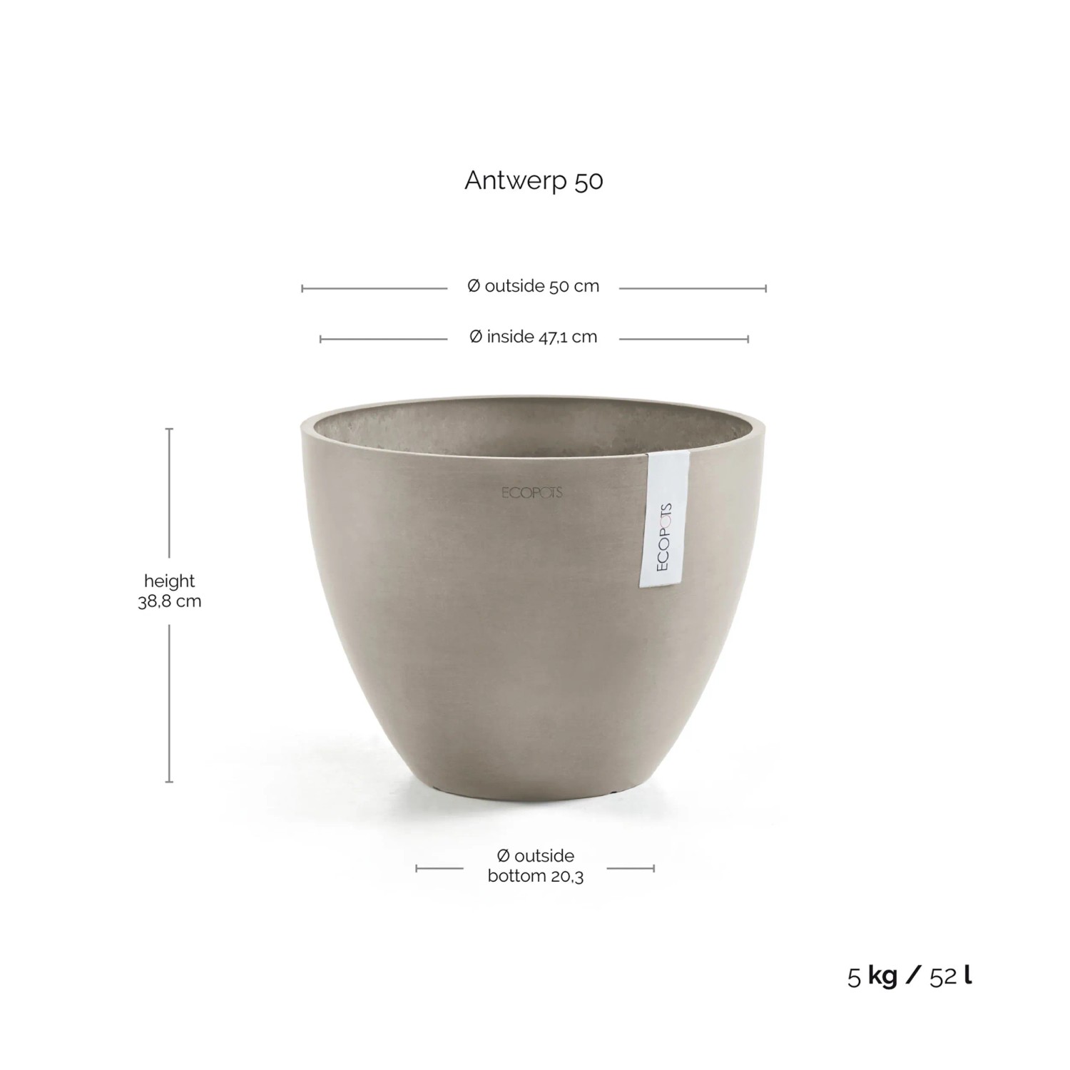 Runder Ecopots Pflanztopf Antwerp 50 cm in Braungrau. Stein-Look, langlebig, UV- & frostbeständig für Innen & Außen.