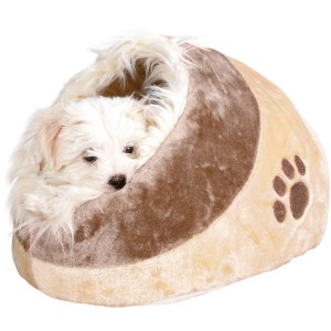 Beige-braune Jollypaw Kuschelhöhle Jacinto (35x26x41cm) mit Hund.