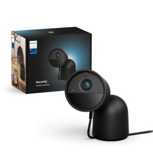 Schwarze Philips Hue Secure Kamera mit Standfuß und Verpackung. Ideal für die Videoüberwachung.