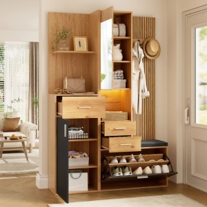 Merax Flurgarderobe Schuhschrank Spiegel Sitzbank LED Schubladen