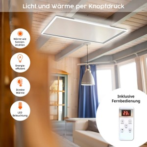 Weiße Könighaus LED-Deckenheizung (1000 W) mit Fernbedienung im Wohnraum.