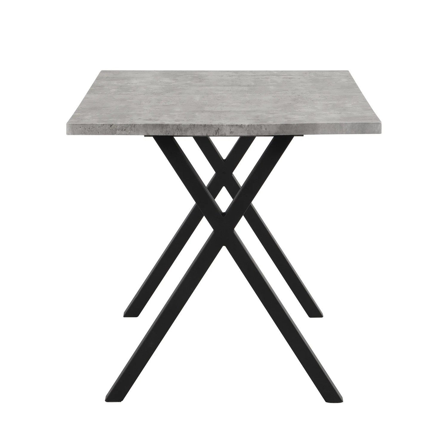 Grauer rechteckiger Esstisch mit Betonoptik-Platte und schwarzen X-förmigen Metallbeinen. Moderner Tisch.