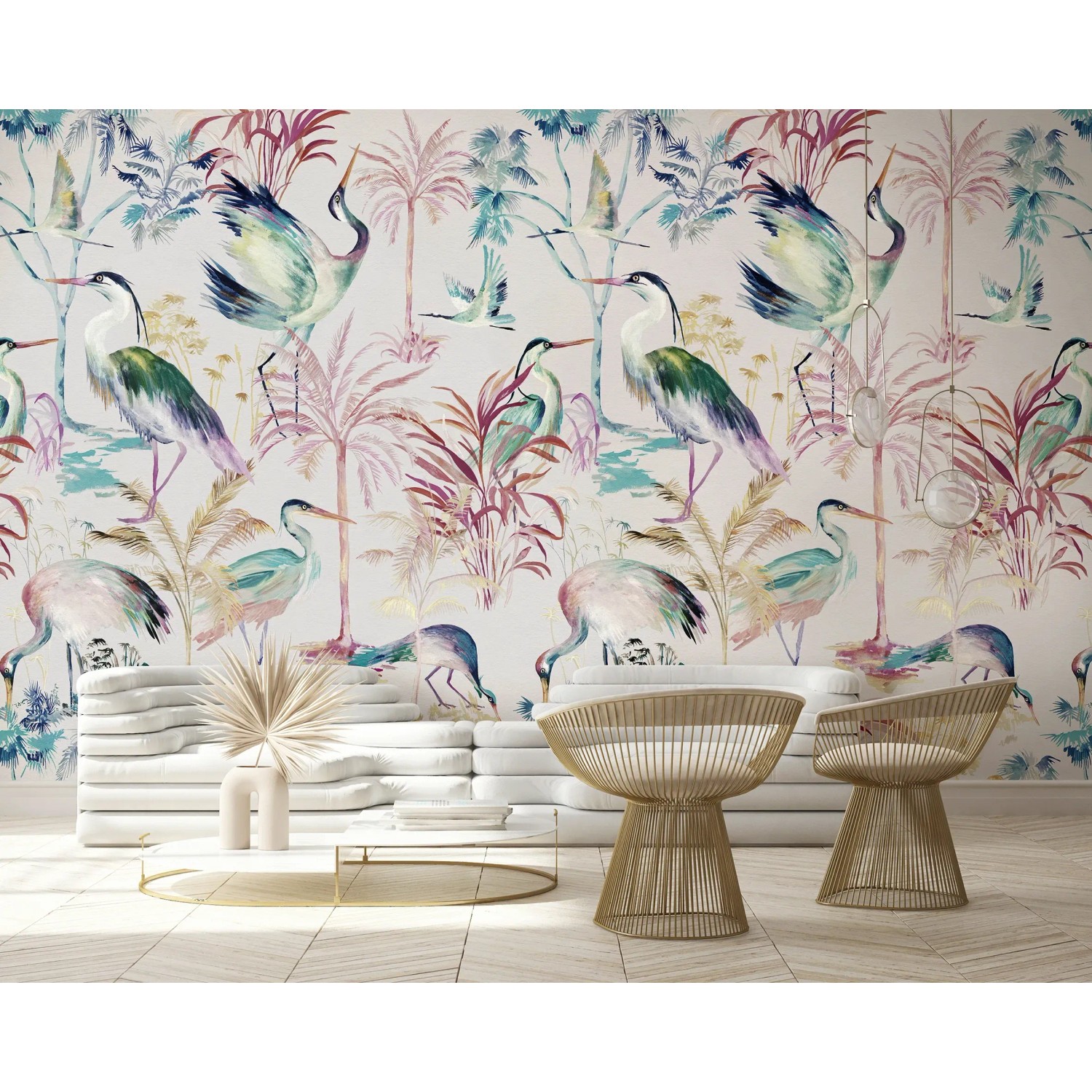 Marburg Fototapete Smart Art Gallery Floral Modern, 2,7x2,12m, Grau, mit Reiher- und Pflanzenmotiven.