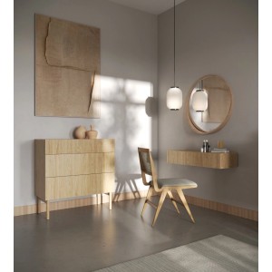 Selsey Kommode Nolie aus geölter Eiche mit 3 Schubladen, obere Schublade geriffelt, auf Holzbeinen. Modernes Design.
