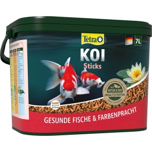 Tetra Pond Koi Sticks 7L: Hauptfutter für Kois im Eimer, mit zwei Kois und Seerose.