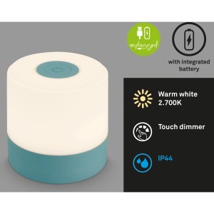 Blaue Brilo Akku-Tischleuchte Smal, mobile LED Dekoleuchte mit Touchdimmer und USB-Aufladung.