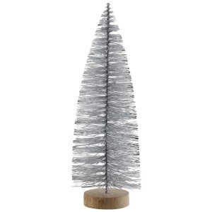 Silberner Deko-Baum aus Kunststoff mit Holzfuß, 15 cm hoch, für weihnachtliche Dekoration.