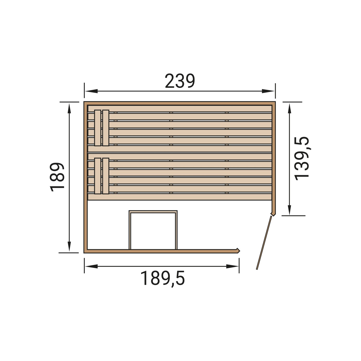 Grundriss der Weka Massivholzsauna Valida Eck mit Maßen. Sauna mit Glastür und Bänken.