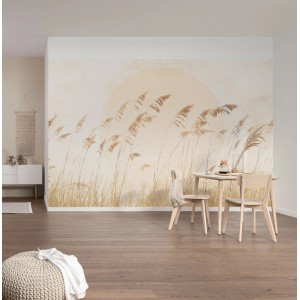 Komar Vliesfototapete Dune Grass (400x250cm) mit Dünenlandschaft und Sonne im Wohnraum.