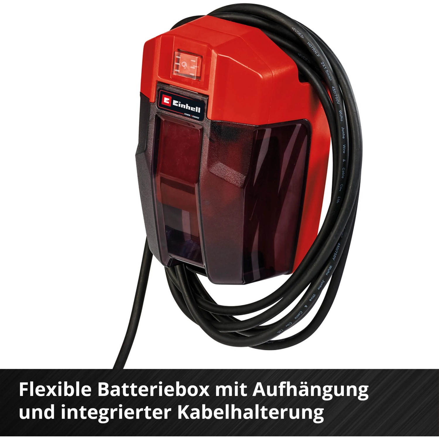 Einhell Akku-Klarwasserpumpe: Batteriebox mit Kabelaufwicklung und Schalter für flexible Nutzung.