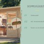 Karibu Express Gartenhaus: offene Doppelflügeltür aus unbehandeltem Holz mit Sicherheitsüberfalle und Kunstglasfenstern.