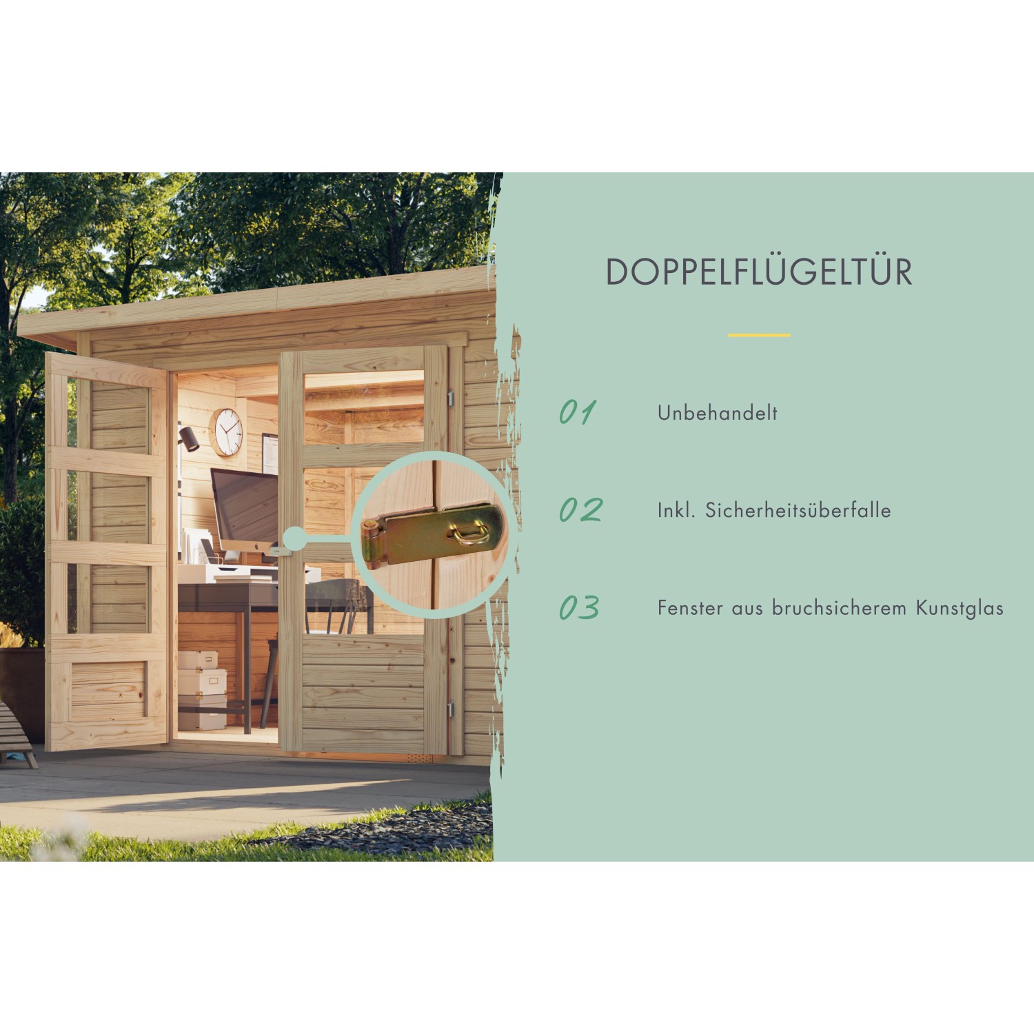 Karibu Express Gartenhaus: offene Doppelflügeltür aus unbehandeltem Holz mit Sicherheitsüberfalle und Kunstglasfenstern.