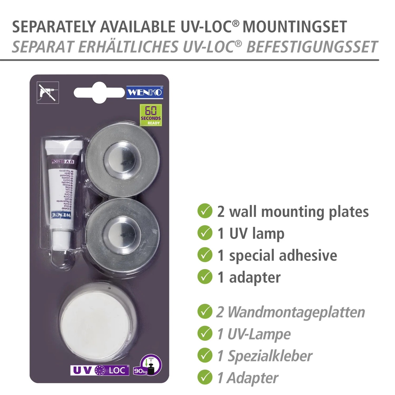 Wenko UV-Loc Befestigungsset: Montageplatten, UV-Lampe, Spezialkleber und Adapter für Bad-Accessoires.