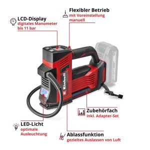 Einhell Akku-Autokompressor, rot-schwarz, mit digitalem Manometer, LED-Licht und Zubehörfach.