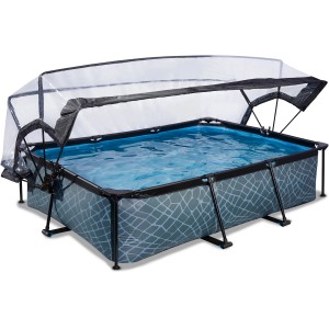 Rechteckiger, grauer EXIT Stone Pool 300x200 mit Abdeckung und Filterpumpe.