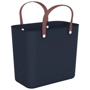 Rotho Multibag Albula Style, 25 l, dunkelblau, Aufbewahrungsbox mit braunen Griffen.