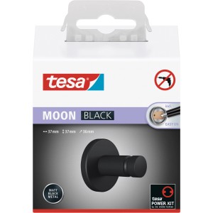 Tesa Moon Handtuchhaken, schwarz matt, zur Wandmontage ohne Bohren.