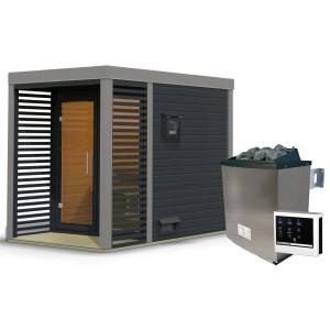 Karibu Saunahaus "Seros 1" mit Ofen 9 kW Extern Anthrazit/Graualuminium