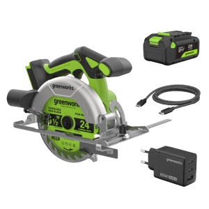 Greenworks Akku-Kreissäge 24V Set mit Akku, Ladegerät und 165-mm-Sägeblatt.