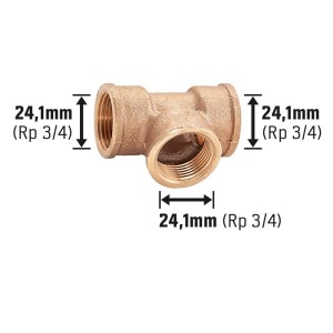 Gewinde-T-Stück aus Rotguss, 24,1 mm (Rp 3/4) für Sanitär- und Heizungsinstallationen.
