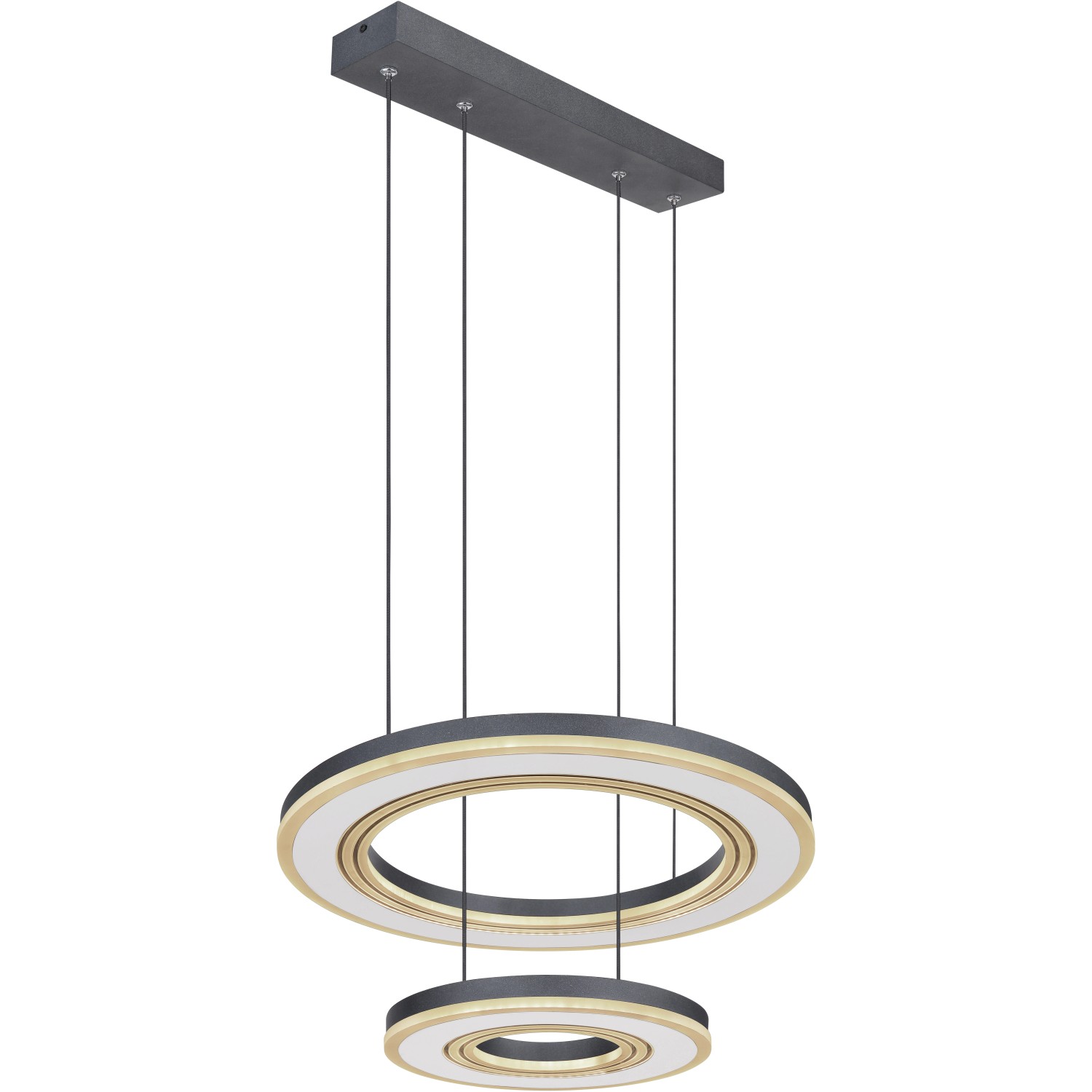 Moderne LED-Pendelleuchte Blasius, schwarz, mit zwei Ringen und Fernbedienung.