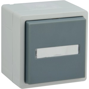 Feuchtraum-Steckdose, 1-fach, hellgrau/grau, IP44, mit Klappdeckel und Beschriftungsfeld.