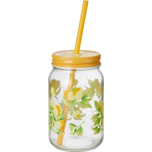 Trinkflasche mit Zitronenmuster, gelbem Deckel und Strohhalm, ideal für Camping und unterwegs.