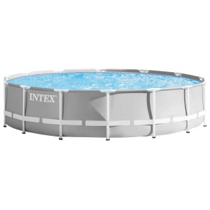 Intex Frame Pool-Set Prism Rondo, Ø 427 cm, grau, mit Stahlrahmen und blauem Wasser.